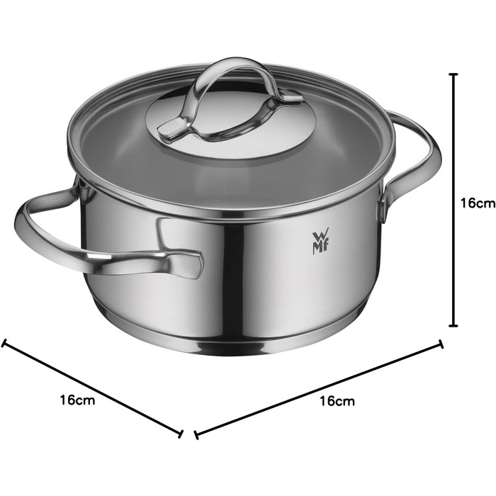 Набір каструль WMF Aparto з нержавіючої сталі Cromargan з кришкою з термостійкого скла, індукційне дно, не має покриття, придатний для миття в посудомийній машині (16 см)