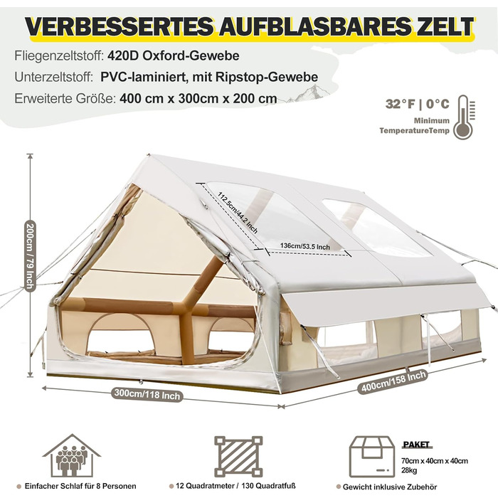 Надувний кемпінговий намет з димоходом та вікном, для 2-10 осіб з насосом, з водонепроникної тканини Oxford, швидке встановлення (4-8 осіб, велике вікно)