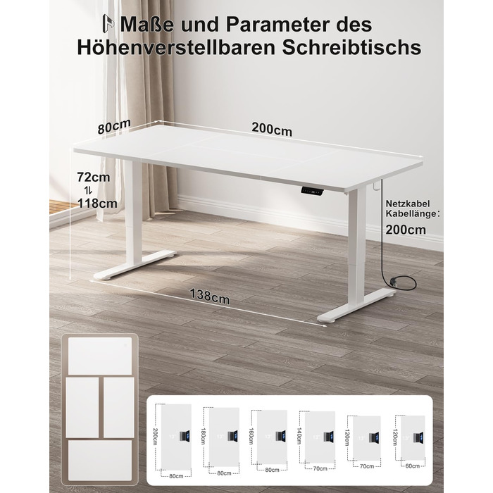 Регульований стіл Homall 200x80 см з USB-портом, електропривод, органайзер для кабелів, пам'ять положень, білий комп'ютерний стіл