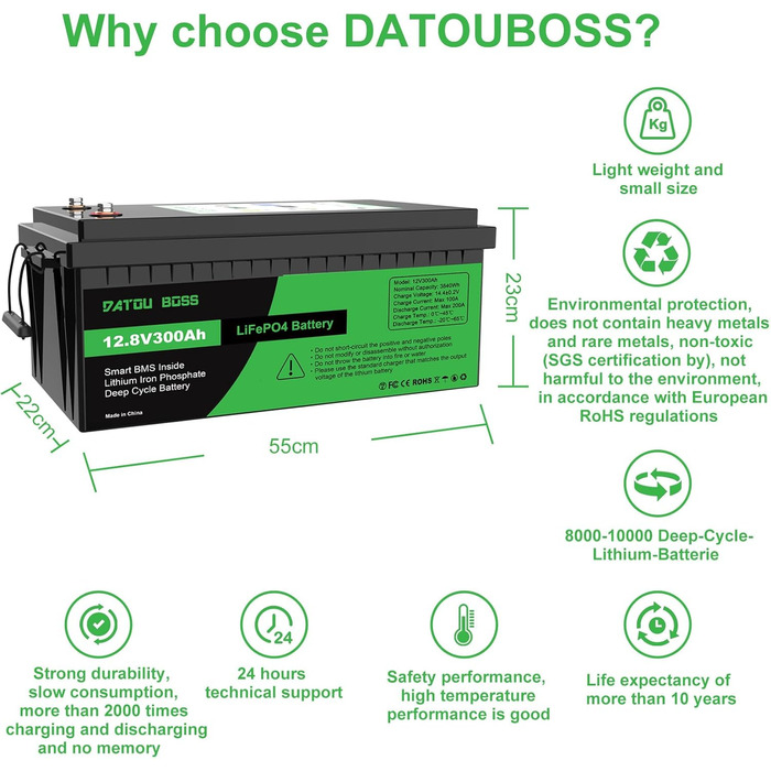 Акумулятор DATOUBOSS 12V 300Ah LiFePO4, 200A BMS, 8000 циклів, 3840 Вт, для сонячної батареї, автофургону, автономного живлення