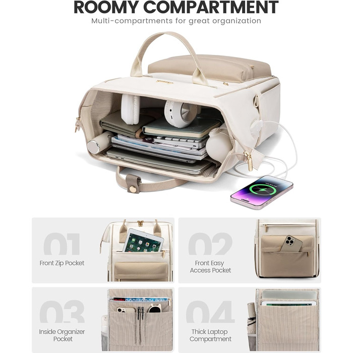 Сумка-рюкзак LOVEVOOK для жінок, 15.6 дюймів, для ноутбука, подорожей, роботи, школи, універу, офісу, водонепроникна, елегантна, бежева
