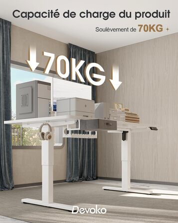 Регульований стіл Devoko з підйомною висотою, 140x80 см, з ящиками, USB-порт, органайзер для кабелів, стоячий стіл з 3 рівнями пам'яті, білий