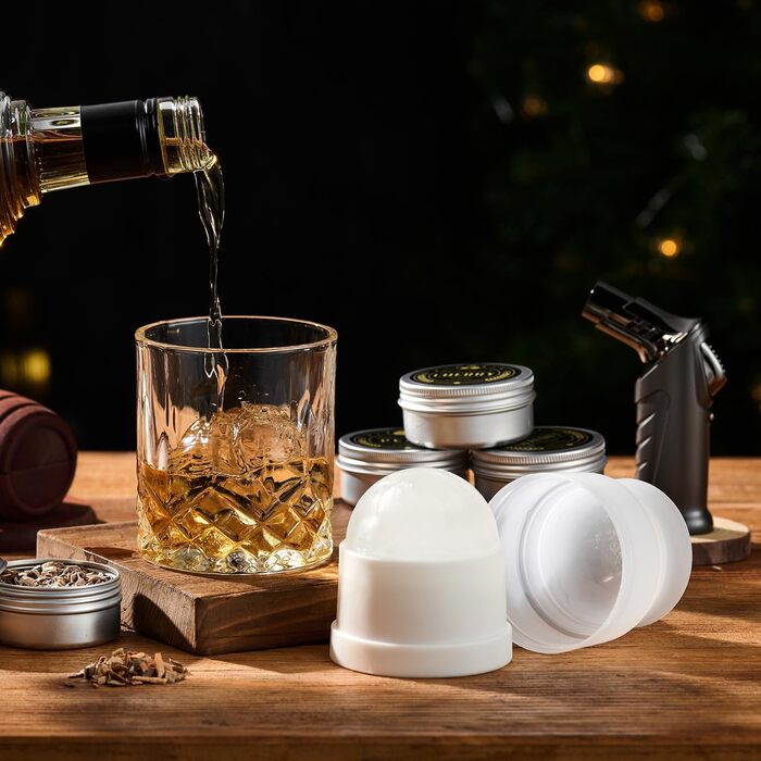 Набір для копчення віскі з пальником, 6 смаків дерев'яної тріски, 2 склянки, 2 форми для льоду, інфузор для коктейлів, набір для копчення напоїв Old Fashioned, подарунок чоловікові/хлопцеві (без бутану)