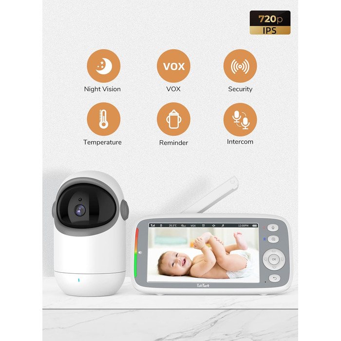 Відеоняня TakTark з камерою 5'' 720P IPS, поворот Pan-Tilt 300°, двосторонній зв'язок, нічний режим та моніторинг температури, VOX