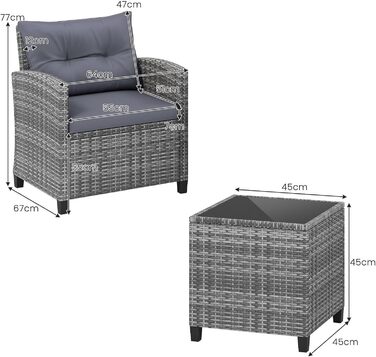Набір садових меблів LIFEZEAL 3 предмети: 2 крісла та стіл з ротангу PE, скляний столик, подушки для тераси, балкона, саду (Сірий)