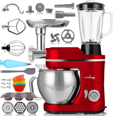 Кухонна машина Lehmann 3-в-1: міксер, м'ясорубка, соковитискач, 3000W, з планетарним міксуванням, комплект для ковбас, для мафінів та випічки, червона