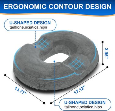 Подушка сидіння Ecosafeter від геморою, пончикова подушка з піни з ефектом пам'яті для куприка та радикуліту, сіра