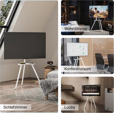 Настінна кріплення для телевізора 43-65 дюймів (LCD, LED, OLED) до 35 кг, регульована висота та поворотна, дерев'яна стійка з дерев'яним підносом, VESA 400x400 мм (білий глянц)