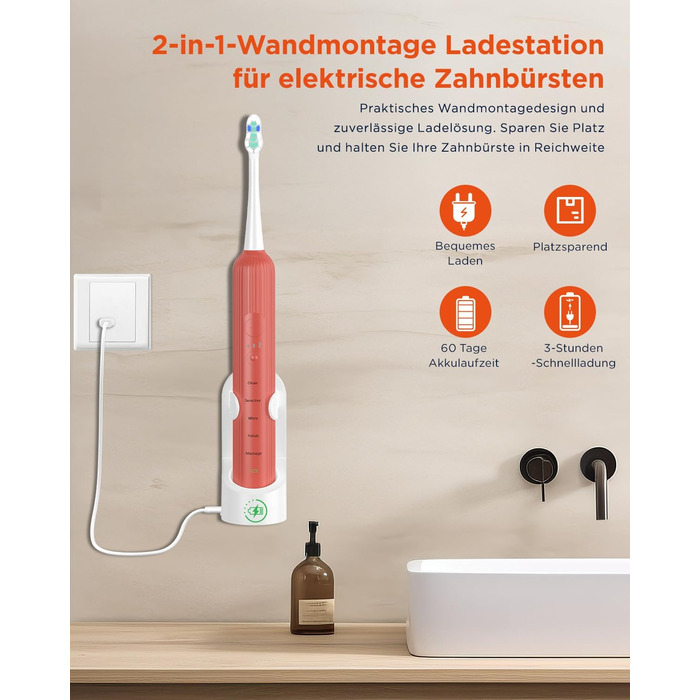 Електрична зубна щітка звукового типу для дорослих та дітей Rosenrot, 5 режимів, 3 інтенсивності, таймер, 8 насадок, етитуй