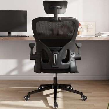 Офісний крісло Monhey з регулюванням висоти, поворотне, з відкидними підлокітниками, дихаюча сітка, регульована підголовник та інтелектуальна підтримка попереку – для дому та офісу (чорний)