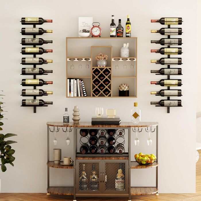 Настінна полиця для вина TJ.MOREE на 12 пляшок, дерев'яний винотримач для кухні, бару, їдальні - чорний комплект 6 шт.