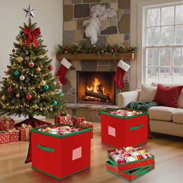 Коробка для прикрас на ялинку з 128 відділеннями, XL, з кришкою та додатковими кишенями, оксфордська тканина, червоно-зелена сітка