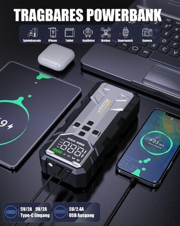 Powerbank Starthilfe 7000A з компресором та LED-ліхтариком: 160PSI, 12V для бензинових та дизельних авто (10L)