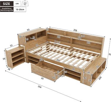 Ліжко дитяче 90x200, дерев'яне з шухлядами, полицями та захистом від падіння, з ламелями та місцем для зберігання, для підлітків, функціональне, без матраца, біле