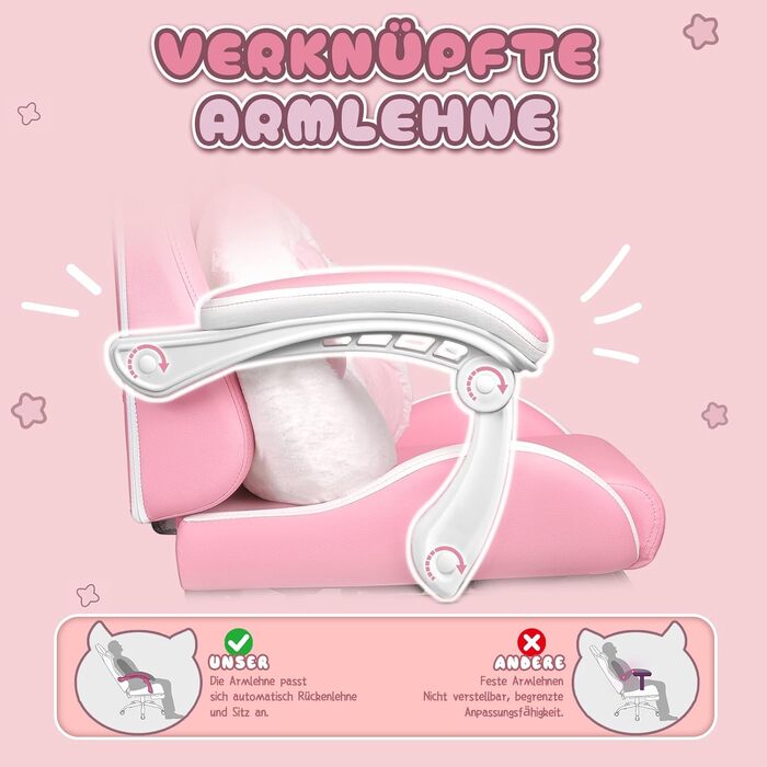 Ігровий крісло Waleaf з підголовником у вигляді лапки кота та вушками, ергономічний геймерський крісло з підніжкою, регульоване крісло для комп'ютера з PU шкіри для дівчаток-підлітків, ігрове крісло 135кг, рожеве