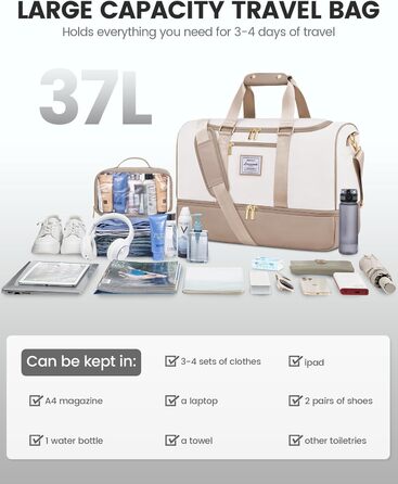 Сумка-рюкзак LOVEVOOK 37L: спортивна, для подорожей, з відділенням для взуття та мокрих речей, водонепроникна, для авіаперельотів (M, Хакі-беж)