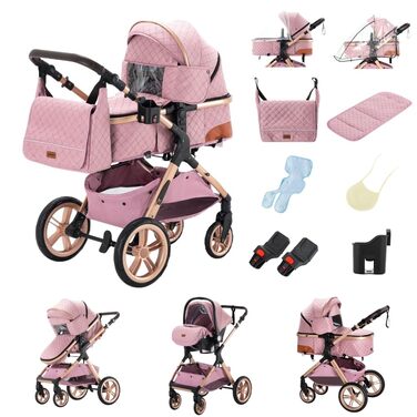 Дитяча коляска Glokid 3 в 1, комбінована модель з речною системою, переносна сумка для переодягання, москітна сітка, дощовик, теплий мішок, складна конструкція, положення для сну, рожевий колір (GPHX1)