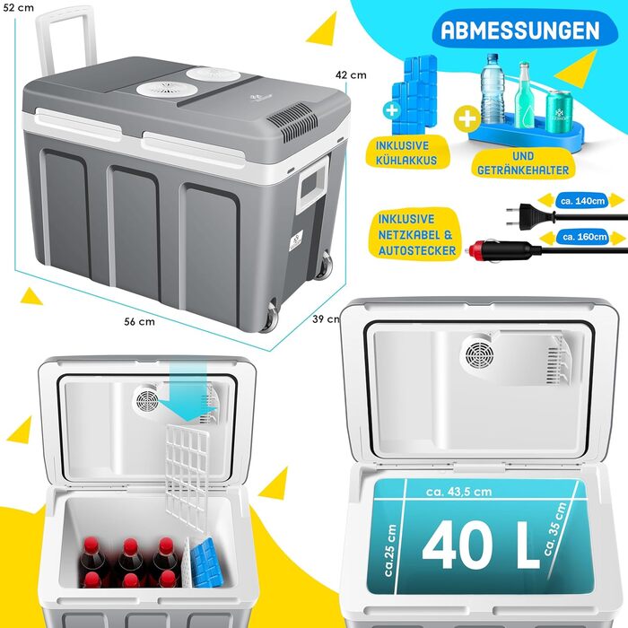 Термохолодильник KESSER® 40L з колесами | 12/230V | Для авто, човна, кемпінгу | Холодильник та підігрівач | ECO/MAX режим | з акумуляторами холоду та тримачами для напоїв
