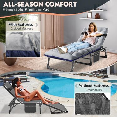Лежак для відпочинку MOPHOTO, розкладний садовий лежак з матрацом, регульована спинка та підніжка, портативний, для дому та саду, складаний (зелене дитяче ліжко, матрац) (чорний з холодним сірим)