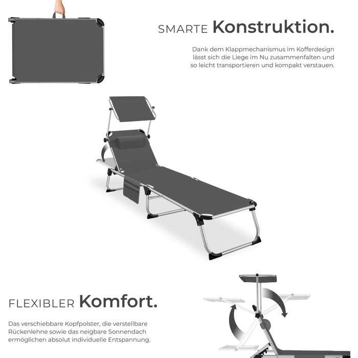 Шезлонг Tectake з дахом, балконний шезлонг з алюмінію, складний садовий шезлонг, стійкий до погодних умов, шезлонг для саду, кемпінгу та пляжу, регульована спинка, подушка для голови, бічна кишеня - сірий меланж (сірий)