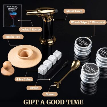 Набір для копчення віскі – Old Fashioned Cocktail, з 6 ароматичними дерев'яними чіпсами, 4 гранітними каменями для віскі, запальничкою та аксесуарами для любителів віскі та коктейлів (без бутану). Класичний набір