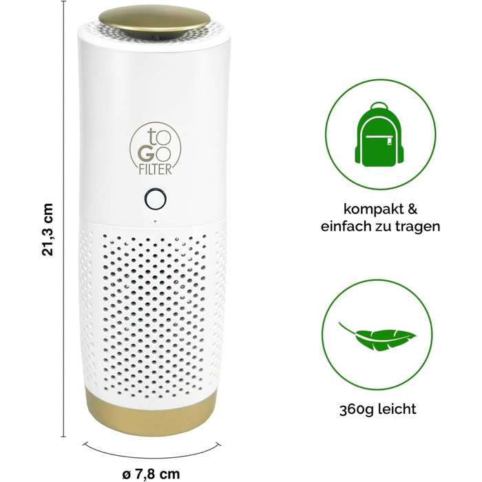 Портативний очищувач повітря toGo Filter з акумулятором, компактний для подорожей, авто, офіс. HEPA 13, фільтр з активованим вугіллям, для алергіків, астматиків, 15㎡