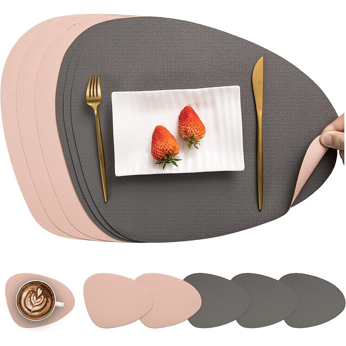 Набори серветок Myir JUN: шкіряні та підставки для столу, миючіся, круглі, двосторонні, з антиковзаючим покриттям (сірий, рожевий, 6 шт.)