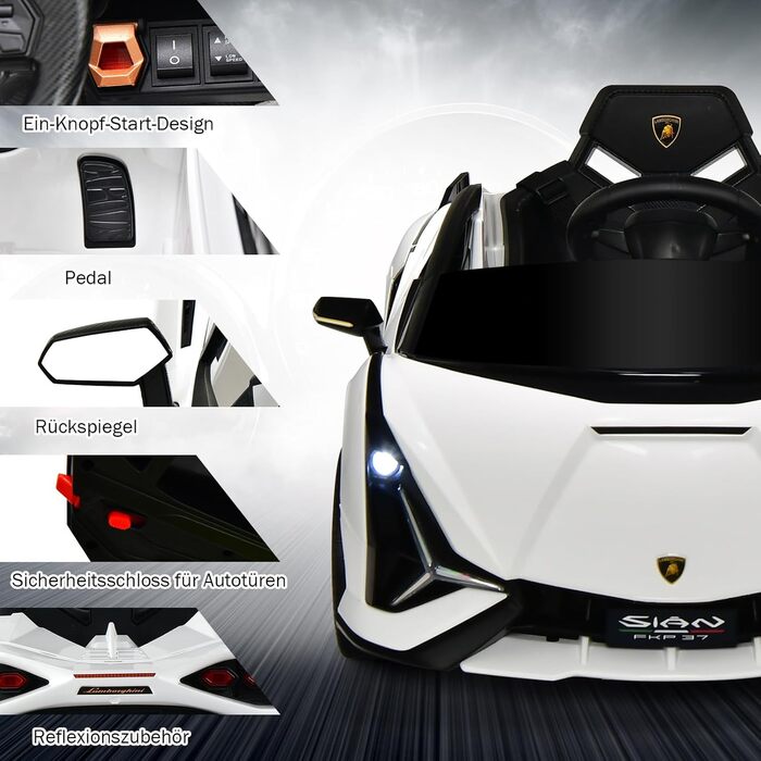 Електромобіль для дітей DREAMADE Lamborghini 12V з дистанційним керуванням, ременем безпеки, підсвіткою, музикою та сигналом, білий, для дітей від 3 років