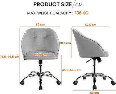 Крісло Yaheetech для дому та офісу, крісло для макіяжу, регульоване по висоті, поворотне, оксамитове, для робочого кабінету, спальні, дихаюче, на коліщатках, до 136 кг, сірий колір