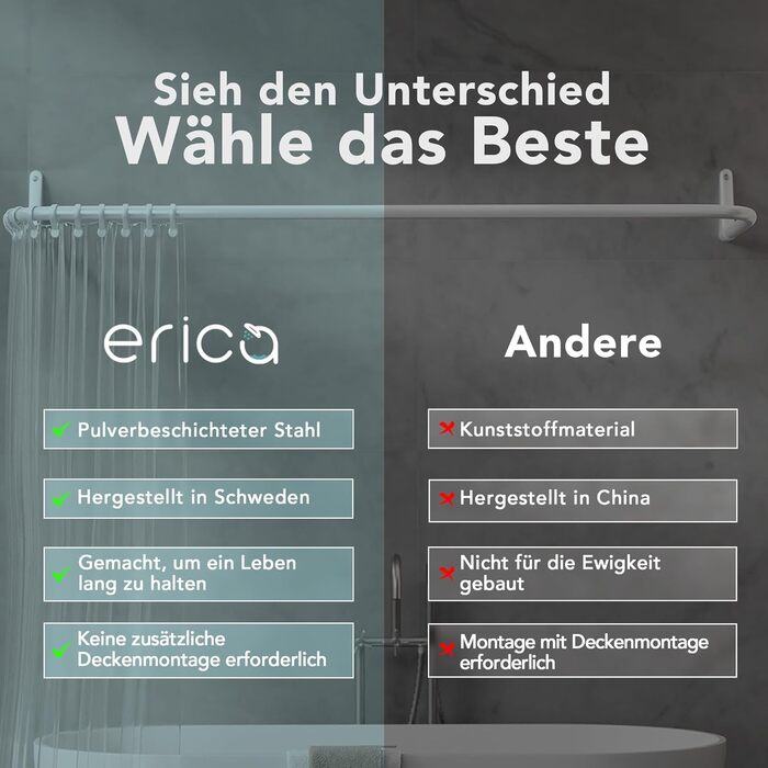Штанга для душу Еріка L-подібної та U-подібної форми - 4-в-1 для ванни та душу - кутова штанга для душу - сталь з порошковим покриттям - без кріплень до стелі - білий колір