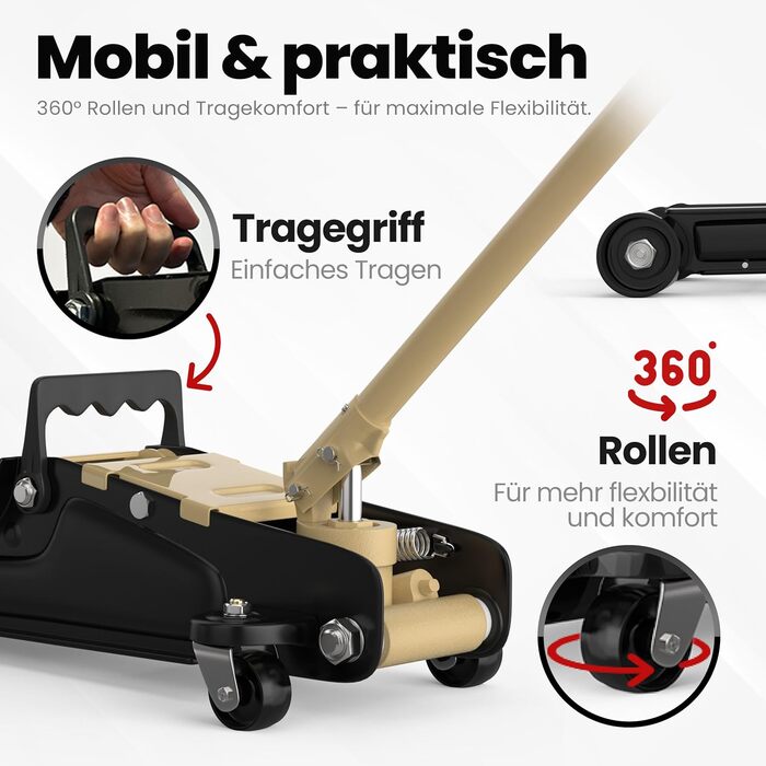 Гідравлічний домкрат Wagenheber 2.5T низькопрофільний для легкових авто та авто з заниженою підвіскою, до 2500 кг, бежевий + 3 гумові накладки та адаптер