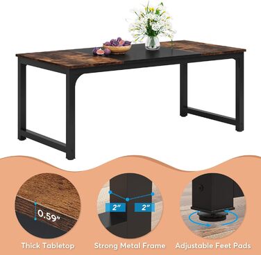 Стіл Tribesigns 180x80 см, індустріальний кухонний стіл на 6-8 осіб, прямокутний стіл для їдальні, кухні, вітальні, з міцними металевими ніжками (Рустиковий Коричневий)