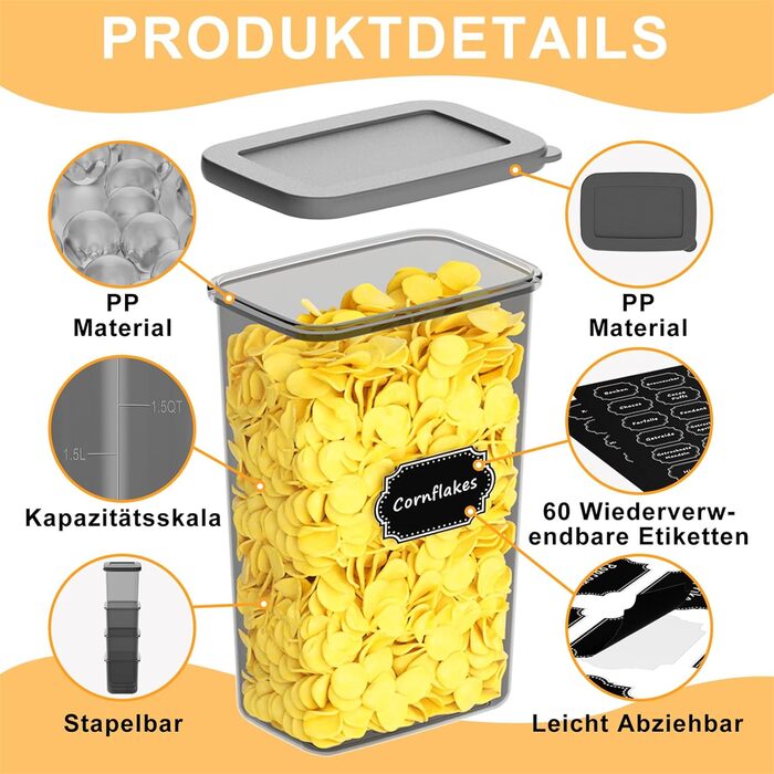 Герметичні контейнери для зберігання продуктів з кришкою, набір 6 шт, сірий (1,8 л)