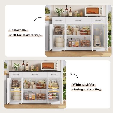 Сервант HOCSOK 140 см: кухонний буфет з 3 висувними ящиками, 4 дверцятами та 2 регульованими полицями, білий та коричневий