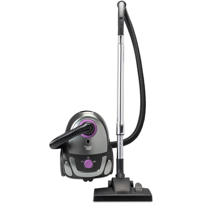 Пилсос Bestron з мішком, для прибирання підлоги, з 3 мішками, телескопічна труба 94 см, перемикач насадки для підлоги, радіус дії 7.5 м, HEPA 12 та мікрофільтр, миючий, чорний/фіолетовий