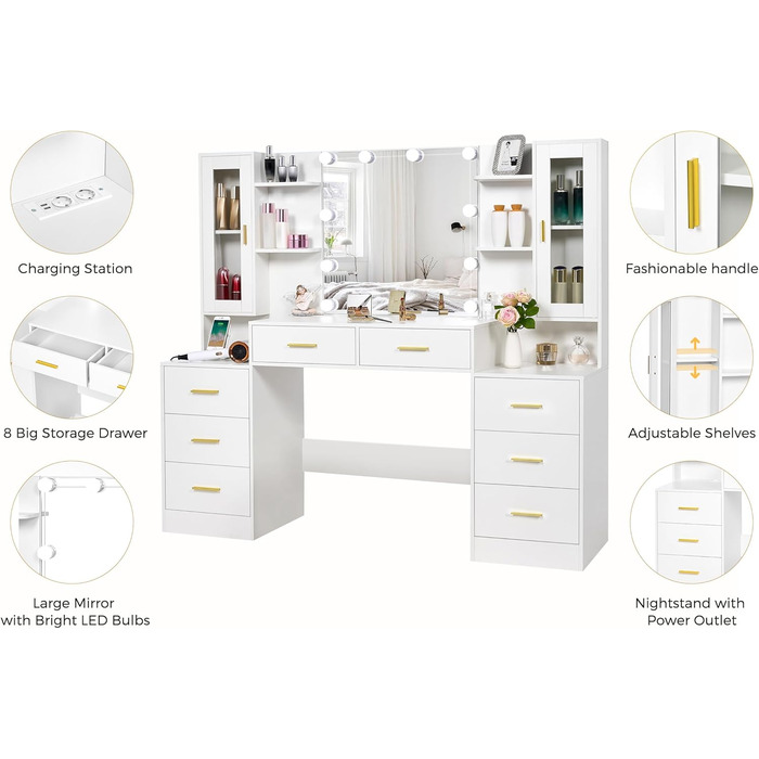 Великий туалетний столик ANWBROAD з LED-підсвіткою (3 кольори), розетками, дзеркалом та 8 висувними ящиками. Сучасний дизайн, колір - білий, розмір 150x135x40 см. Модель BDT67W