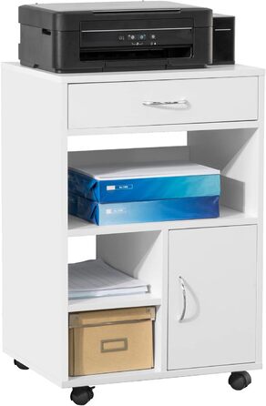 Столик для принтера SoBuy FBT106-W з роликами, 50x75x40 см: мобільний стіл-підставка з шухлядою для офісу та дому