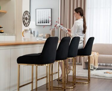 Набір з 2 барних стільців з велюру з золотистими металевими ніжками, м'яке сидіння, зі спинкою, без підлокітників для кухонної зони/домашнього бару (Чорний)