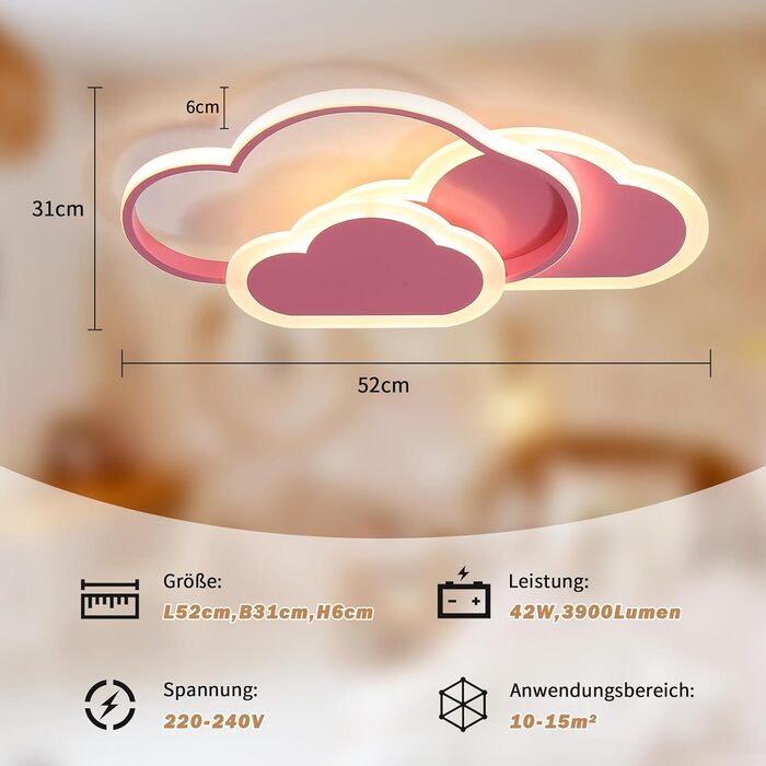 Світлодіодний стельовий світильник-хмара - 32 Вт, з можливістю затемнення, пульт дистанційного керування, рожевий, 52 см для дитячої кімнати/спальні