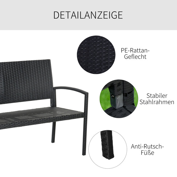 Садова лавка Outsunny Poly Rattan 2-місна паркова лавка зі сталевим каркасом і плетеним чорним W122 x D60 x H87 см для саду та патіо