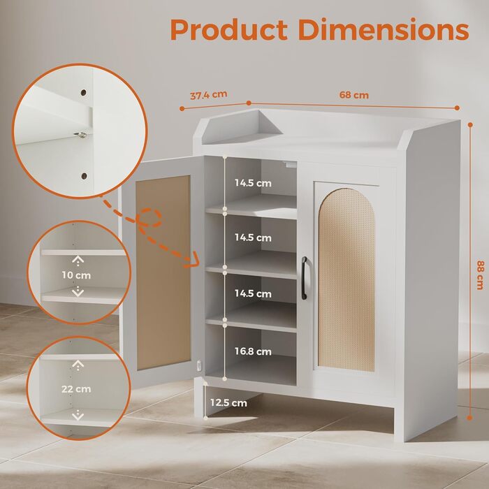 Шафа для взуття 5-ярусна в стилі ф armhouse з 2 дверцятами, вільного стояння з регульованими полицями та металевими кутовими прикрасами для передпокою та коридору, білий колір (ротанг, білий)