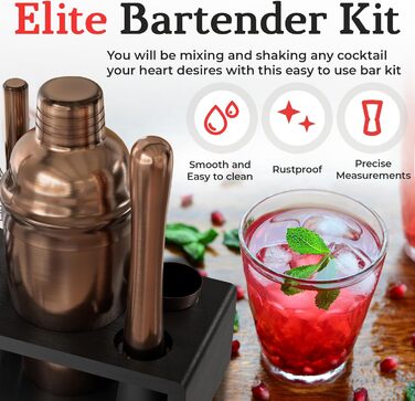 Набір бармена Highball & Chaser Elite з бамбуковим підставкою: шейкер для коктейлів з нержавіючої сталі, барний інструменти, для дому та вечірок (18 fl oz, антик-мідь)