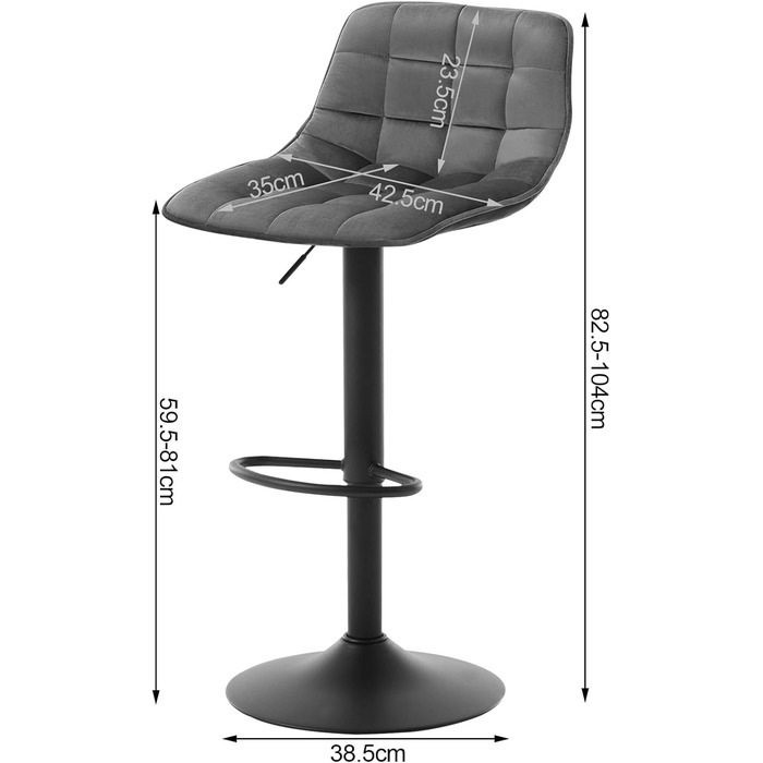 Барні стільці, набір з 2 шт. , регульовані по висоті та поворотні, оксамитовий/металевий, темно-сірий, 273sz-2