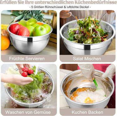 Набір мисок Homikit: 5 мисок з нержавіючої сталі з кришками та силіконовим дном, мультифункціональні, складані, придатні для миття в посудомийній машині, 6.6L / 3.5L / 2.5L / 1.5L / 1L (Хакі, з 3 тертками)