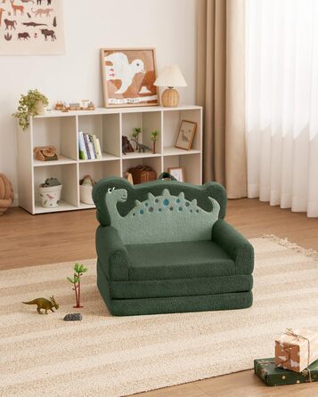 Дитяча крісло-диван Blissful Diary Kindercouch 2-в-1 з динозаврами, зручне, темно-зелене