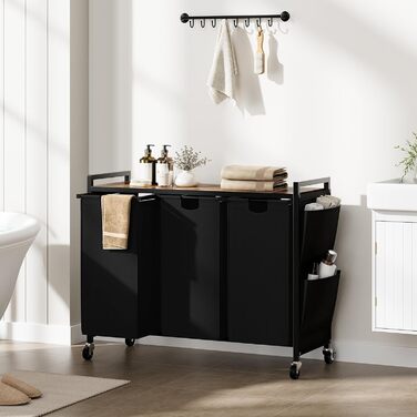 WOWLIVE Подвійний кошик для білизни з кришкою, на коліщатках, з металу, сортувальник для білизни з верхньою полицею та 2 знімними мішками, великий органайзер для одягу, (165л, Чорний)