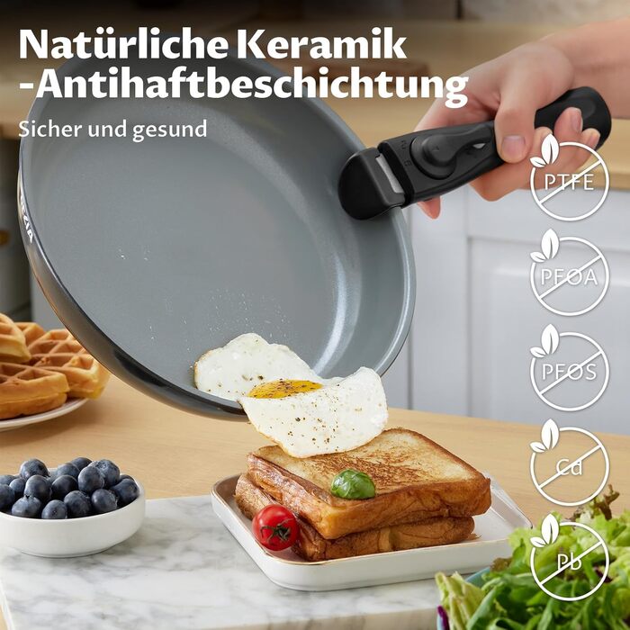 Набір сковорідок BEZIA з знімними ручками, антипригарне покриття, індукційні, 20+24+28 см, стакельне, придатні для миття в посудомийній машині та духовці