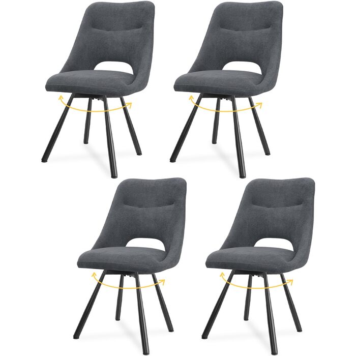 LEWE Комплект обідніх стільців 6 шт., поворотні, для кухні, вітальні, спальні, ергономічні, без підлокітників, тканина кашемір (темно-сірий, 4 поворотні)