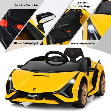 Дитячий електромобіль Lamborghini 12V з пультом, ременем безпеки, світлом, музикою і сигналом, жовтий – електрокар для дітей від 3 років