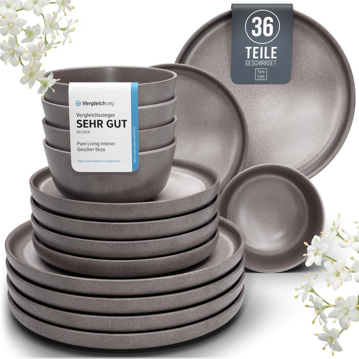 Набір посуду Steingut Pure Living 36 предметів (12 осіб) - сіро-коричневий матовий посуд для обіднього столу